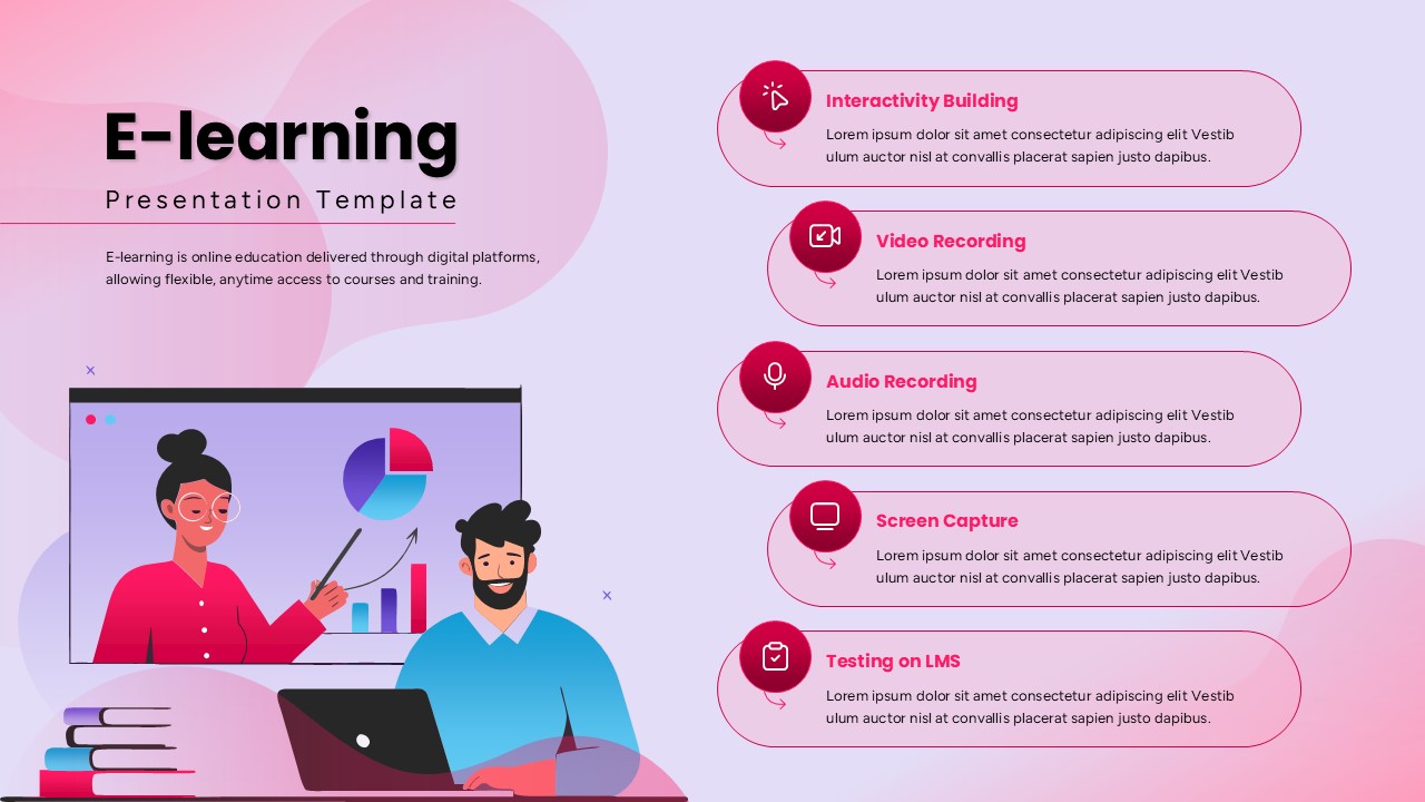 E-learning Google Slides template with soft gradient background, online learning illustration, and feature highlight sections.