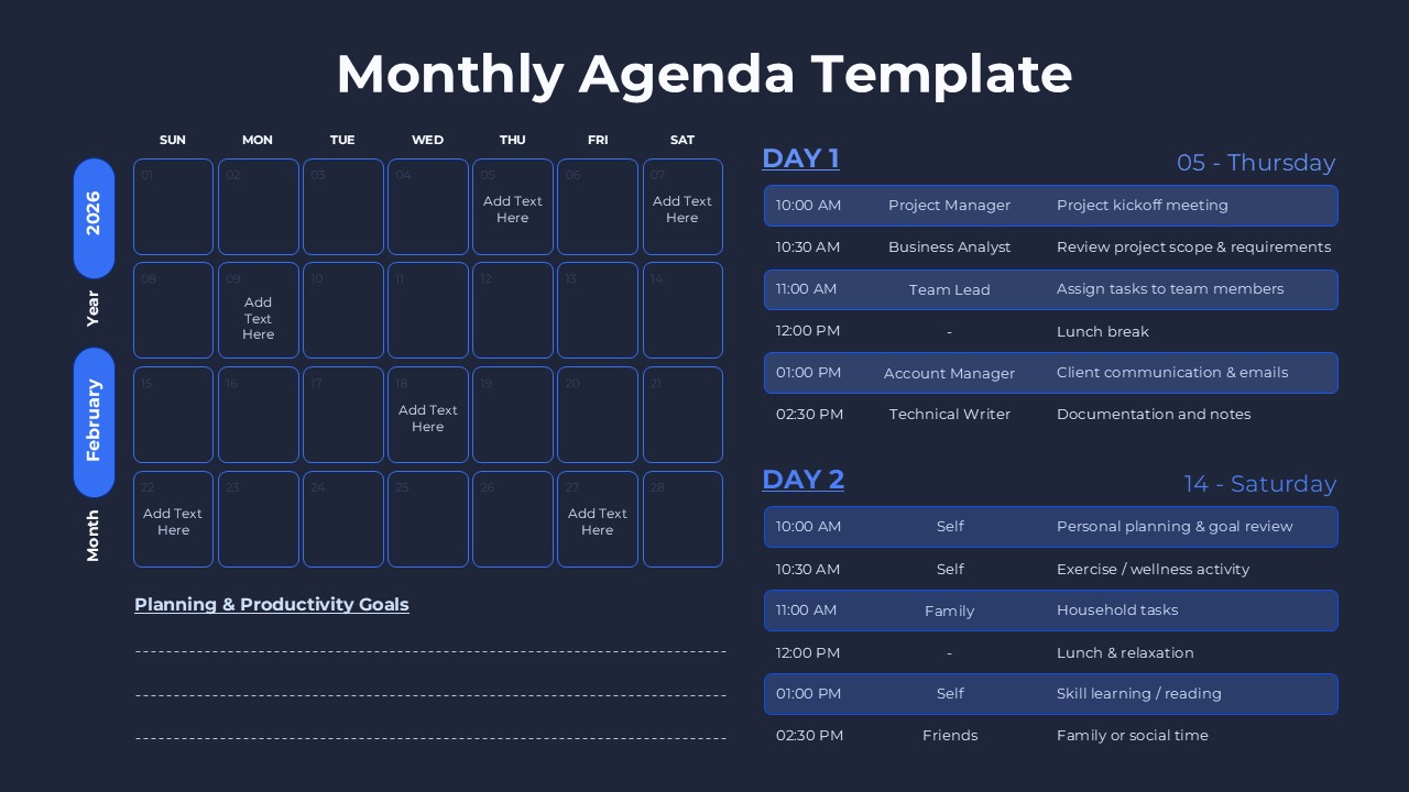 Monthly Agenda Template Dark