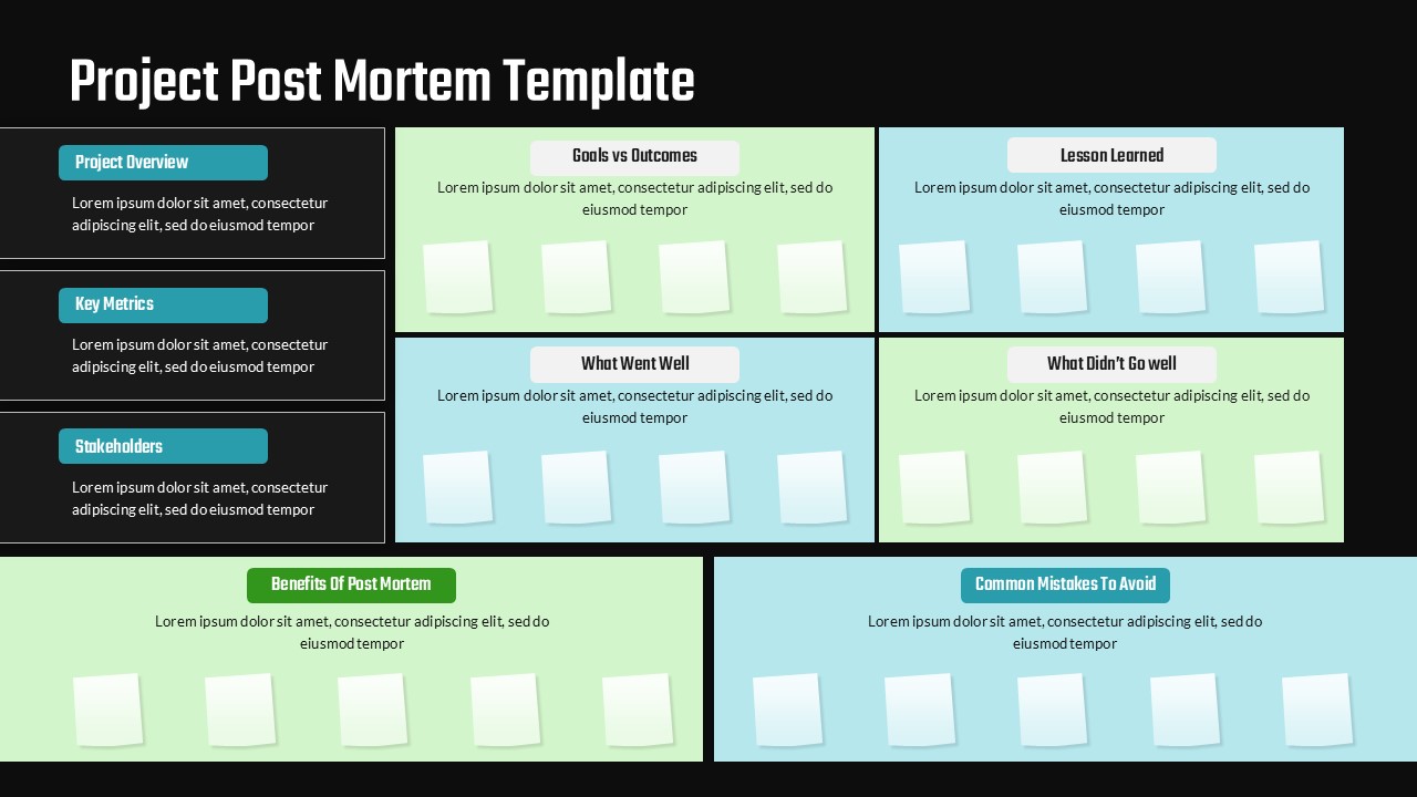 Dark theme project analysis presentation with Project Post Mortem Template for team retrospectives