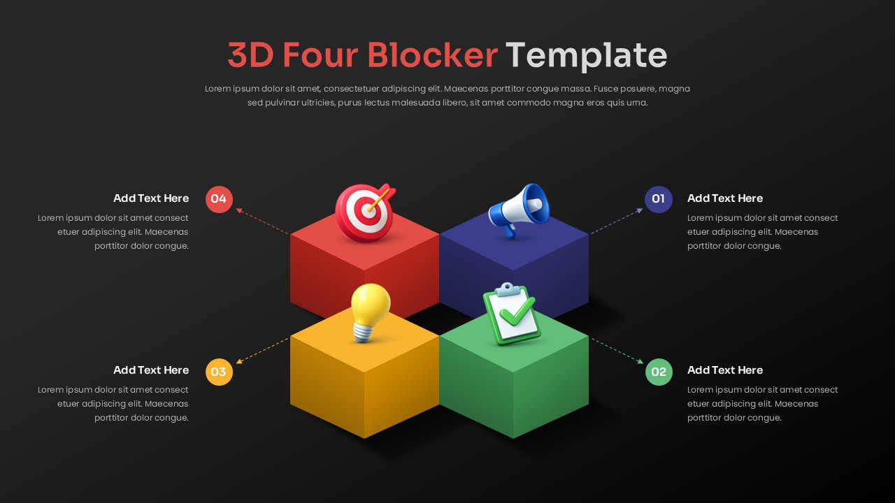 Dark version 3D Four Blocker Template with illuminated blocks and business icons for impactful presentations