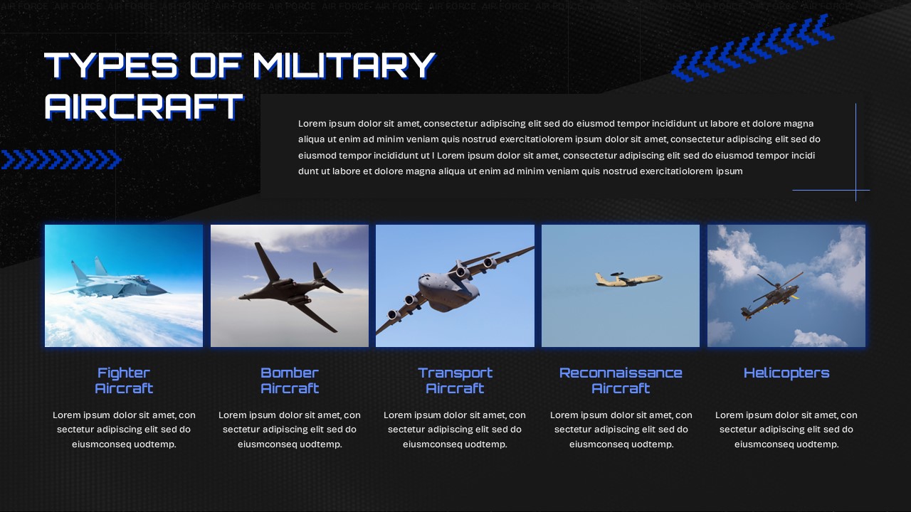Air Force aircraft types gallery template - showcase aviation fleet with professional military presentation design