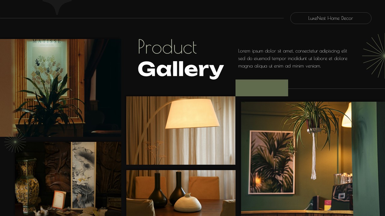 Product gallery slide from Decor Store Presentation template with dramatic lighting and home decor showcase