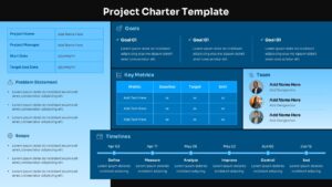 Dark version Project Charter template for PowerPoint Google Slides with navy blue background and timeline layout