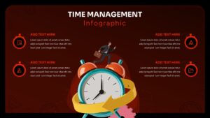 Time Management Infographic Template - Dark variant slide with alarm clock design for PowerPoint and Google Slides