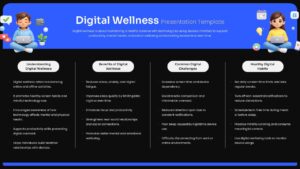 Dark-themed digital wellness Google Slides template with educational content sections and technology wellbeing design.
