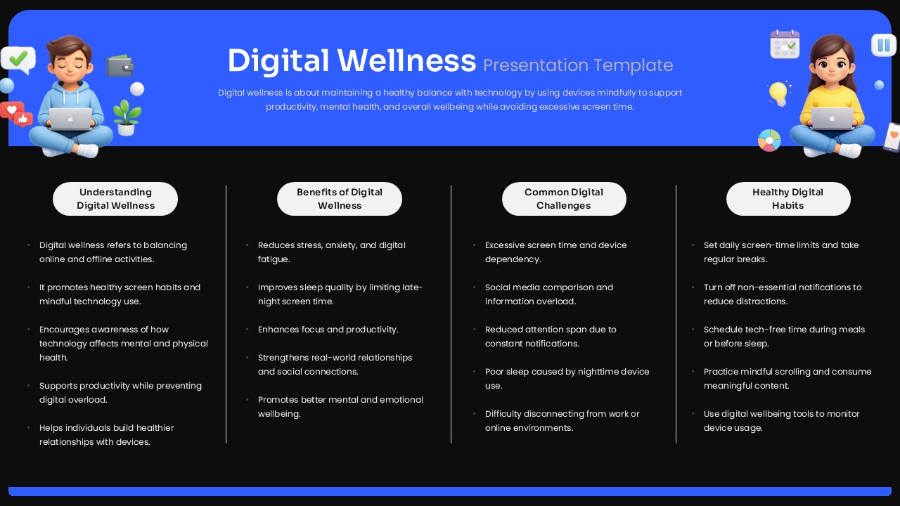 Dark-themed digital wellness Google Slides template with educational content sections and technology wellbeing design.