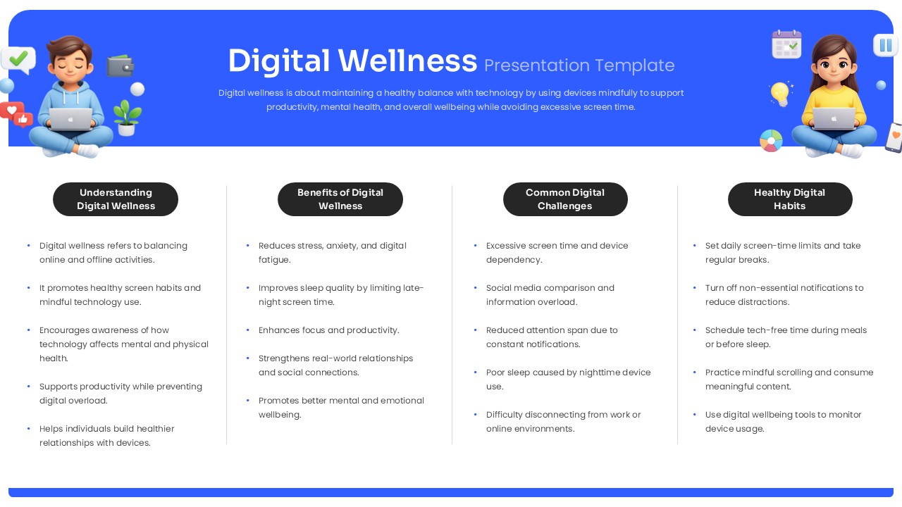Digital wellness presentation PowerPoint template with educational layout, health topics, and modern blue design.