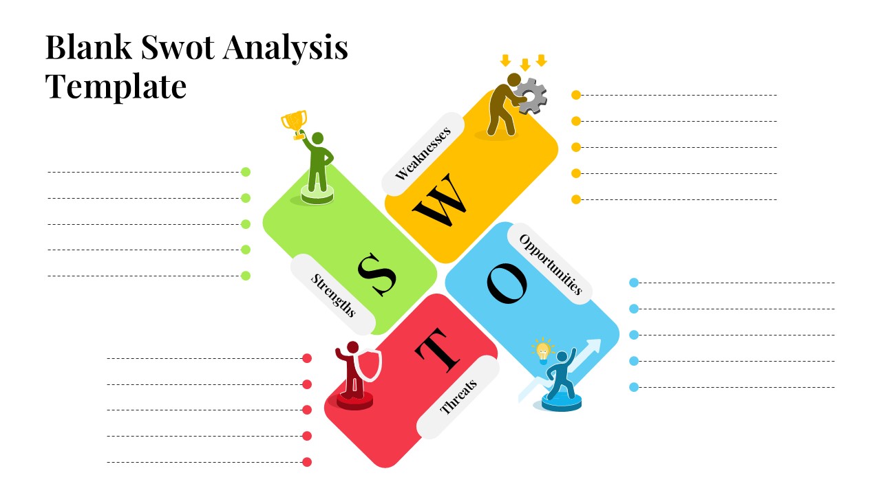 Light theme SWOT analysis slide with four colored blocks for strengths, weaknesses, opportunities, and threats sections