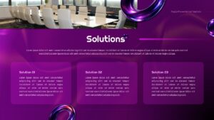 Purple color presentation slide with business content cards and glossy gradient background.
