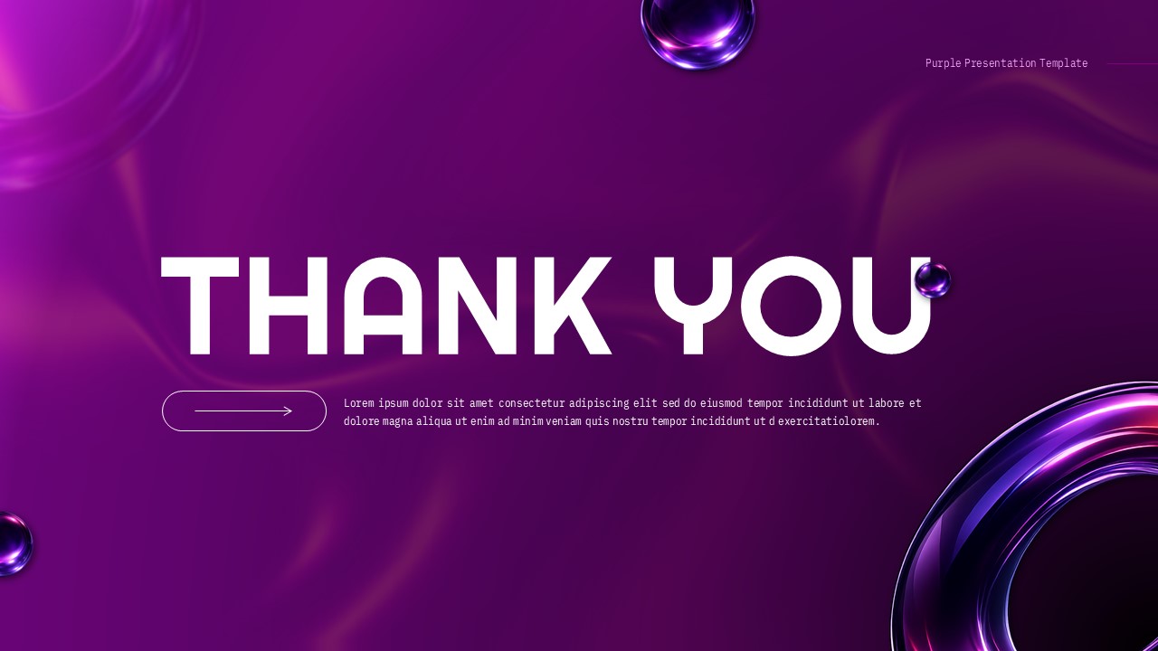 Purple gradient thank you slide with modern typography and glossy abstract design elements.