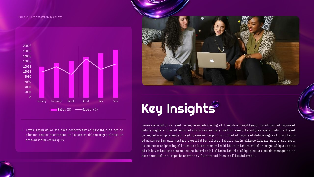 Purple presentation insights slide with analytics chart, business image, and modern corporate layout.
