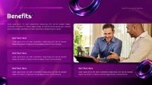 Purple business presentation slide with benefits section, image layout, and modern corporate design.