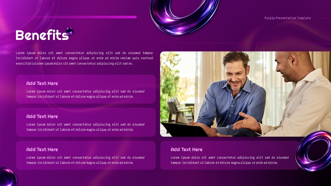 Purple business presentation slide with benefits section, image layout, and modern corporate design.