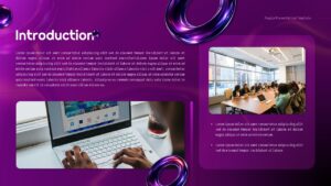 Purple Google Slides presentation layout with introduction content, images, and modern business design.