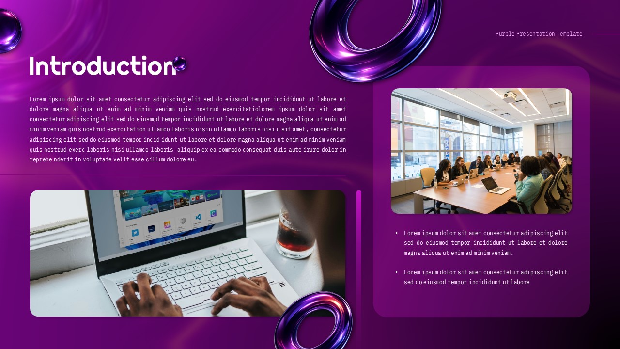 Purple Google Slides presentation layout with introduction content, images, and modern business design.