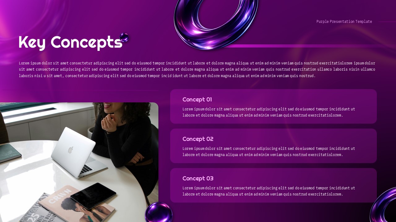 Purple theme key concepts presentation slide with content cards, business image, and glossy gradient design.