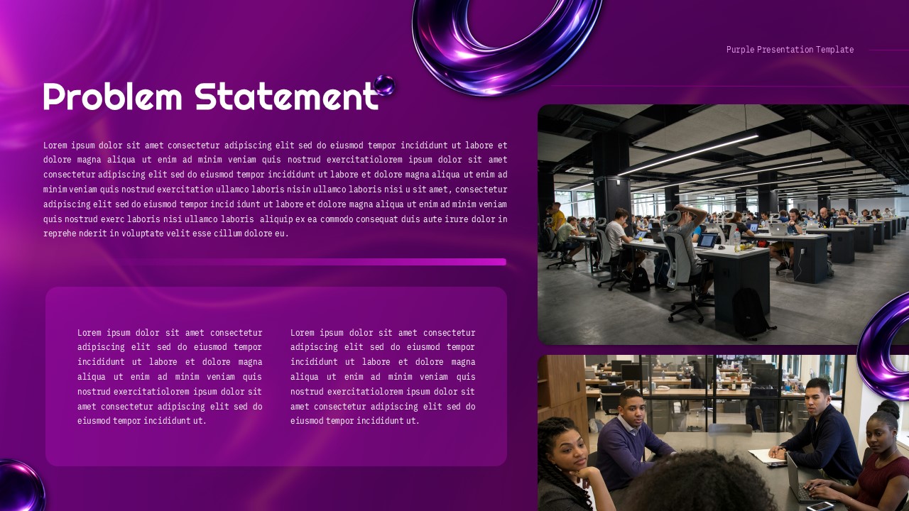 Purple business PowerPoint slide with problem statement layout and corporate image sections.