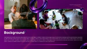 Purple PowerPoint background slide template with business images and modern content layout.