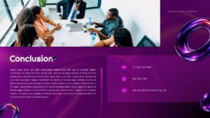 Purple presentation conclusion slide with contact details, business image, and corporate layout.