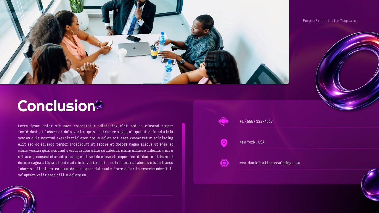 Purple presentation conclusion slide with contact details, business image, and corporate layout.