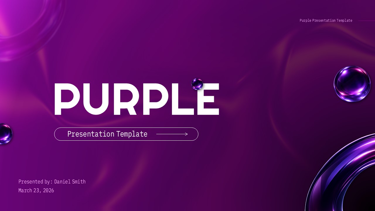 Purple gradient presentation template cover slide with glossy abstract elements and modern typography.