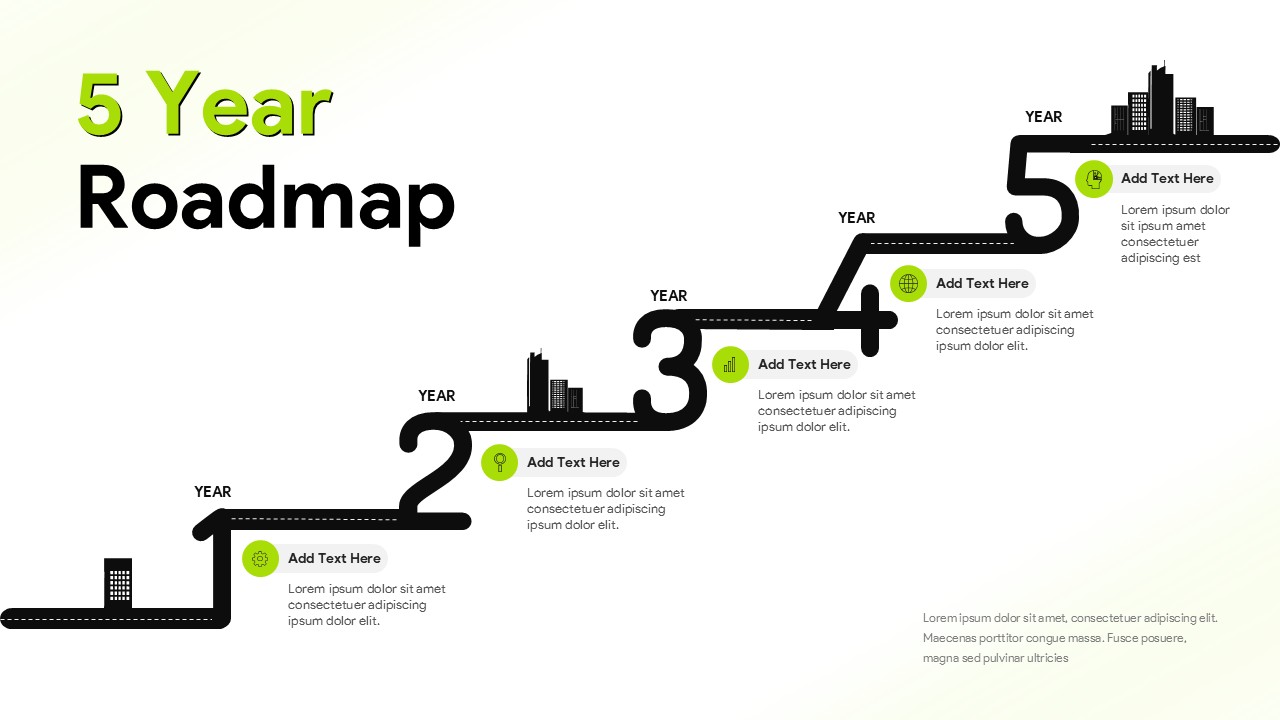 5 year roadmap PowerPoint template featuring a step-by-step timeline with yearly milestones, strategic goals, and business growth objectives.