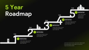5 year roadmap timeline Google Slides template showing five annual milestones in a staircase roadmap layout for strategic planning and growth tracking.