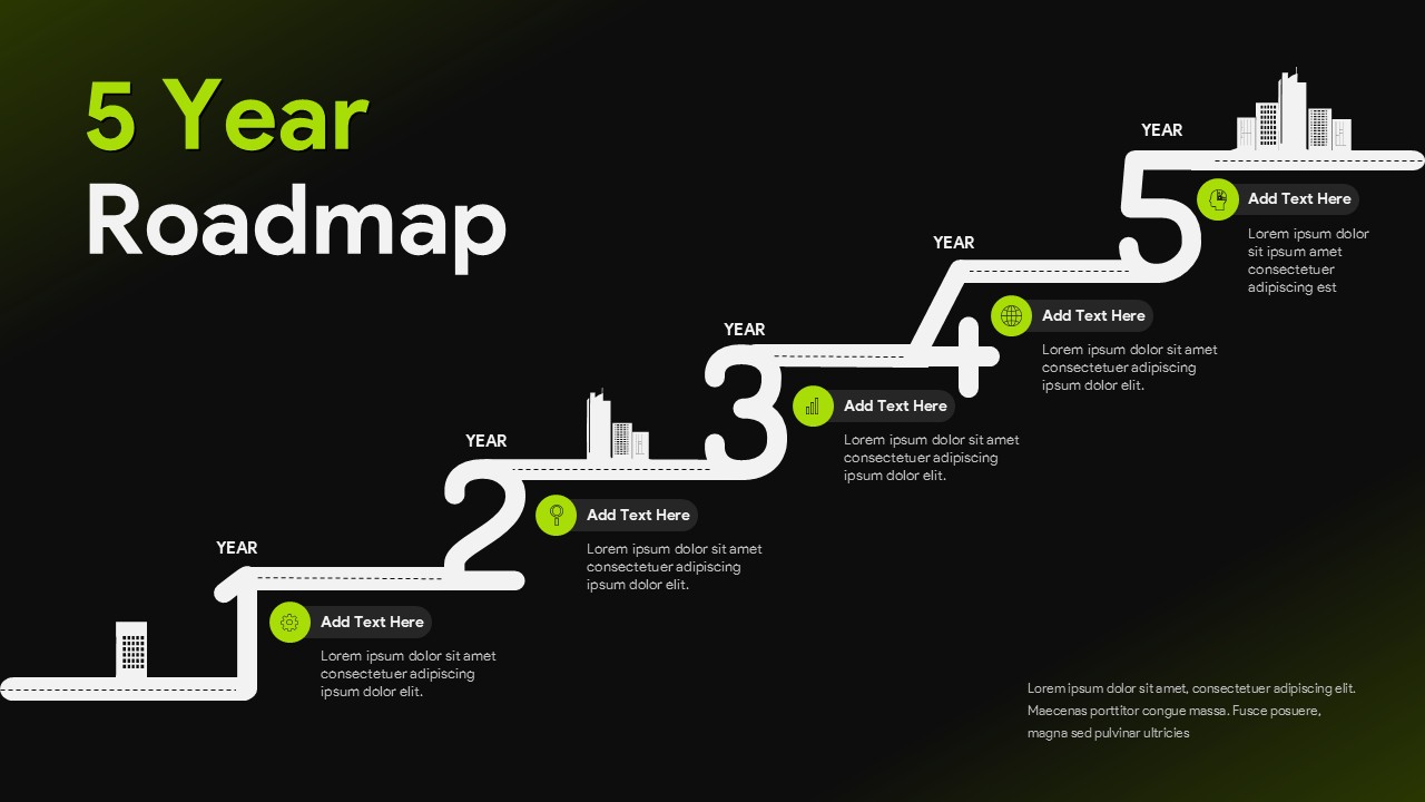 5 year roadmap timeline Google Slides template showing five annual milestones in a staircase roadmap layout for strategic planning and growth tracking.