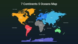 Modern Google Slides world map infographic featuring the seven continents and five oceans on a dark presentation background.