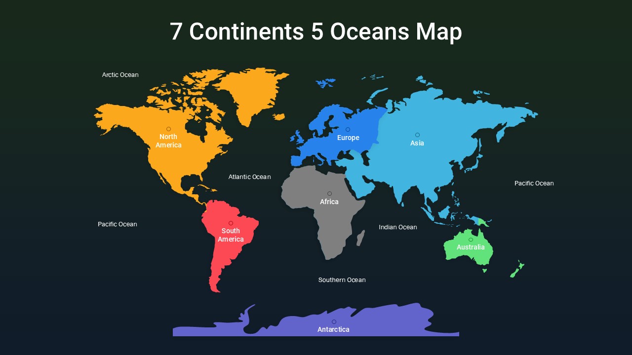 Modern Google Slides world map infographic featuring the seven continents and five oceans on a dark presentation background.