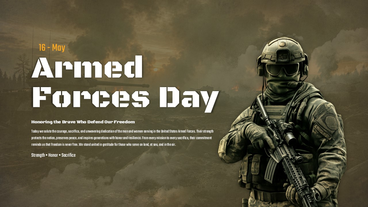 Armed Forces Day presentation template featuring a military soldier, battlefield background, and patriotic typography honoring armed forces personnel.
