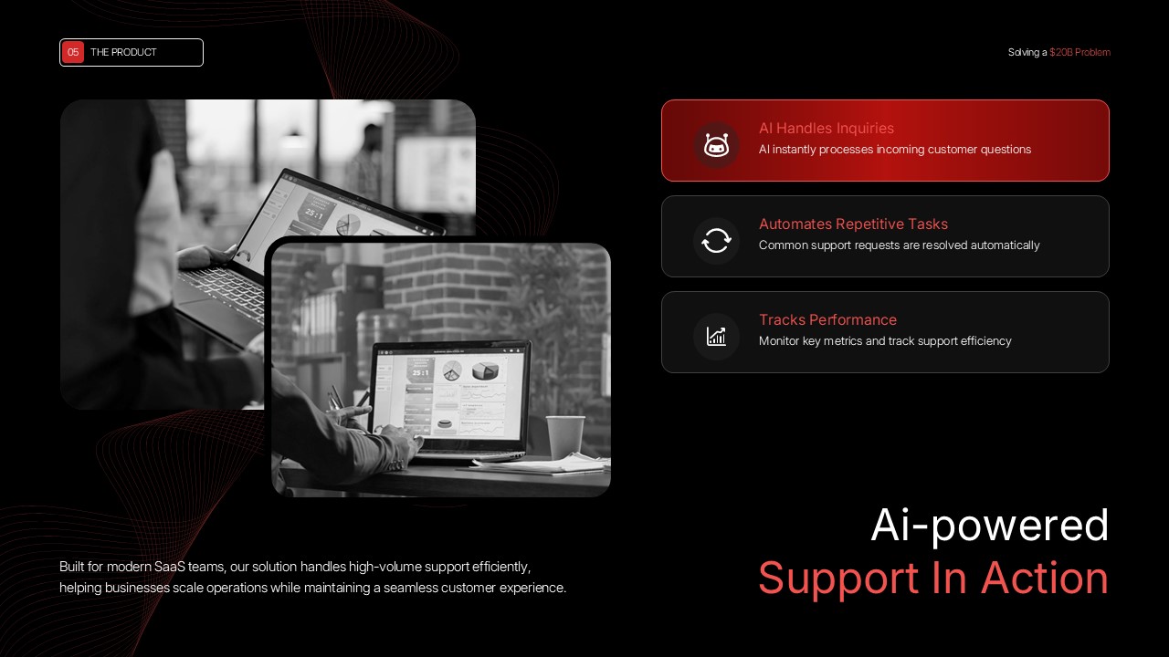 AI-powered SaaS pitch deck PPT slide with dark UI design, automation features, and software presentation layout.