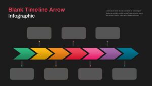 Dark-themed timeline arrow infographic presentation slide with multicolor directional arrows and editable process stages.