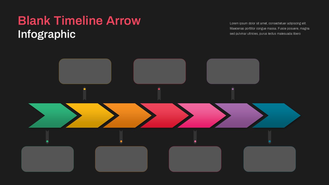 Dark-themed timeline arrow infographic presentation slide with multicolor directional arrows and editable process stages.