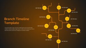Branching timeline Google Slides template featuring connected milestone branches for roadmap planning, project tracking, and process visualization.