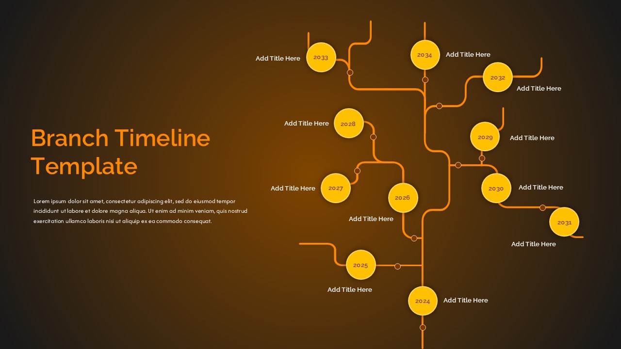 Branching timeline Google Slides template featuring connected milestone branches for roadmap planning, project tracking, and process visualization.