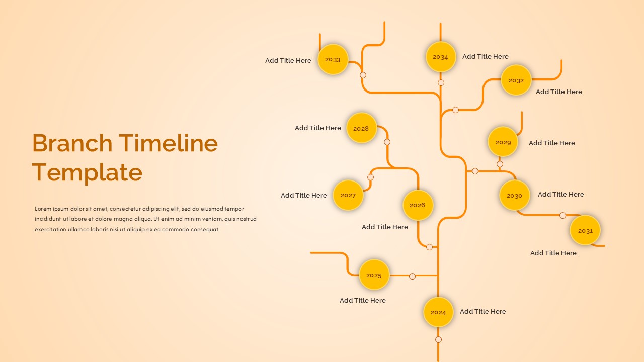 Branching timeline PowerPoint template with interconnected milestone nodes for visualizing multiple project paths, decision points, and chronological events.