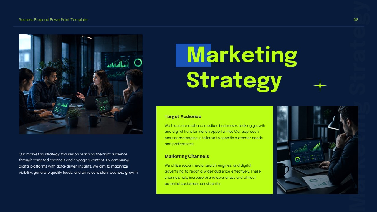 Marketing strategy presentation slide with target audience details, digital marketing visuals, and corporate layout.