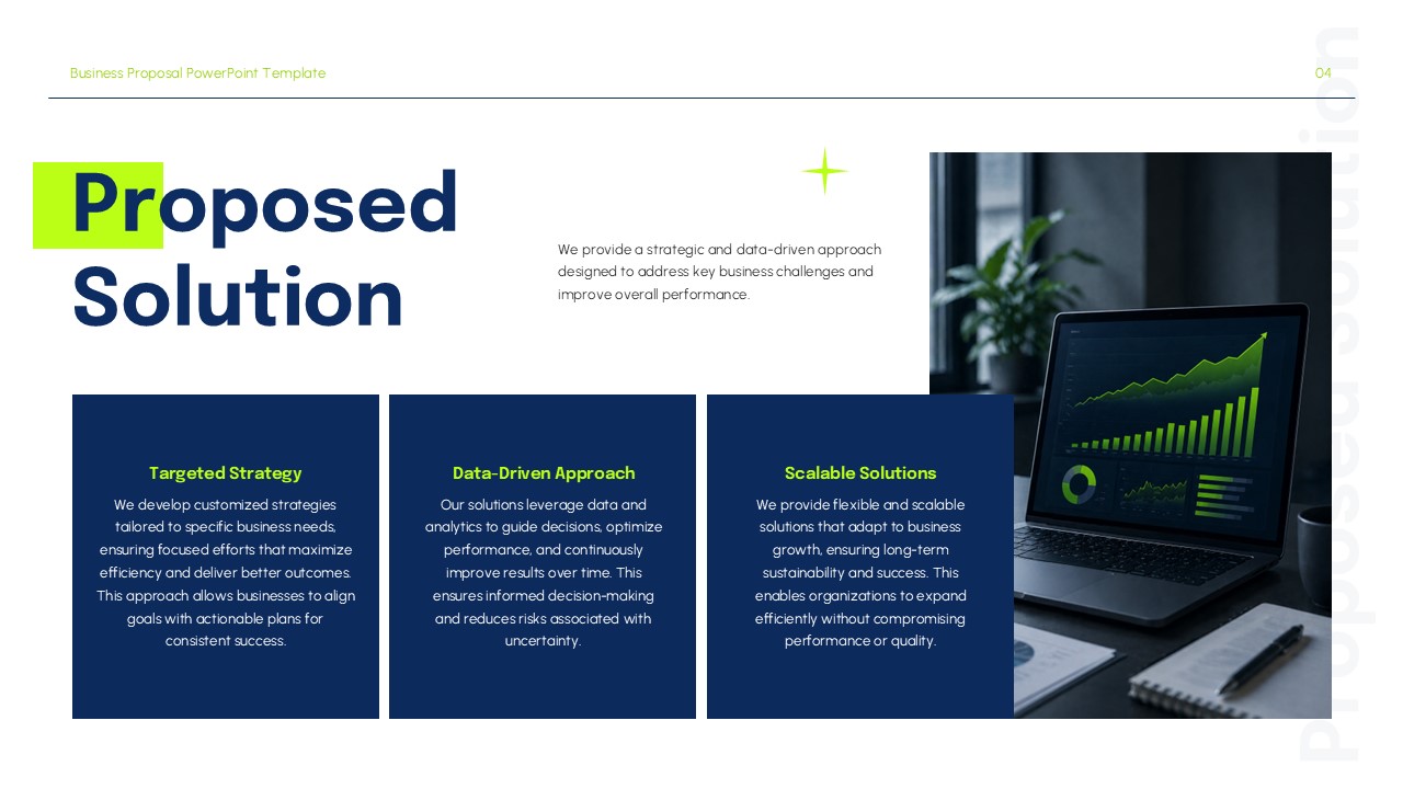 Professional business proposal presentation cover slide with corporate team image and modern blue-green branding.