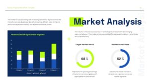 Market analysis presentation slide with revenue growth chart, percentage indicators, and modern business layout.