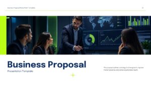 Professional business proposal cover slide with corporate meeting image and modern presentation layout.