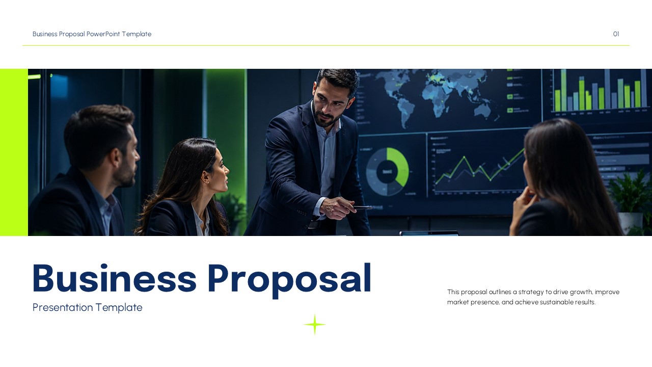 Professional business proposal cover slide with corporate meeting image and modern presentation layout.