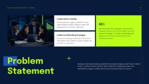 Dark-themed business proposal problem statement slide with statistics, business discussion image, and challenge overview sections.