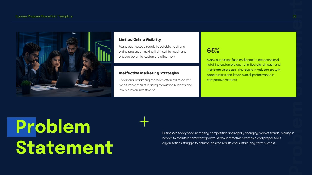 Dark-themed business proposal problem statement slide with statistics, business discussion image, and challenge overview sections.