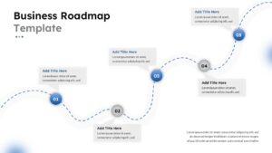 Business roadmap google slide template with curved milestone path, numbered roadmap points, and strategic planning layout.