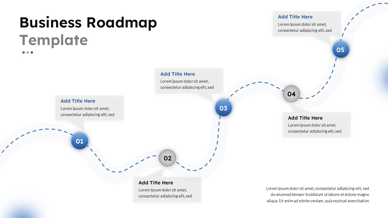 Business roadmap google slide template with curved milestone path, numbered roadmap points, and strategic planning layout.