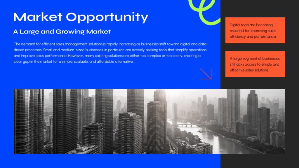 Google Slides business sales pitch template featuring market opportunity analysis with modern corporate layout.