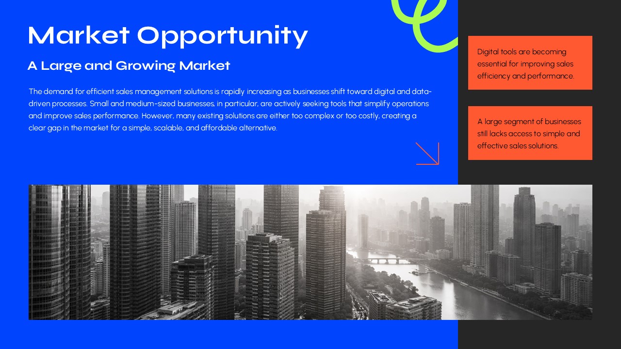 Google Slides business sales pitch template featuring market opportunity analysis with modern corporate layout.