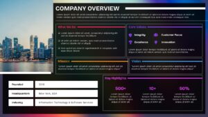 Corporate company overview slide featuring business highlights, operational statistics, service categories, growth metrics, and executive summary sections for PPT presentations.
