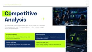 Competitive analysis presentation slide with business analytics visuals, comparison sections, and strategic insights.